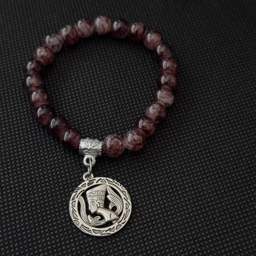 Egyptian made Ruby Beaded Stretch Bracelet with Queen cleopatra Charm